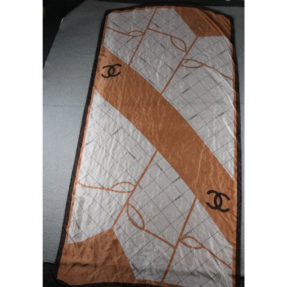 Chanel Scarf Silk Womens Logo Brown Cream 64x35 Wrap Stole France